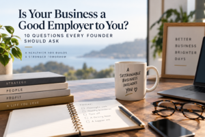 Workspace representing founder wellness, with a planner, laptop, and reminder that a sustainable business includes you.